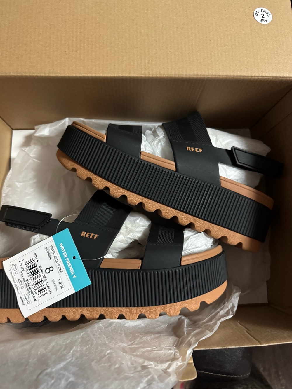 Reef Black and Tan Platform Sandals with Ribbed Sole